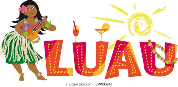 Luau party banner with a hula dancer, playing ukulele, EPS 8 vector illustration