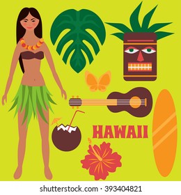 Luau party design elements, tropical rest, time off on Hawaii islands, vacation, summer weekend, Girl dancing hula, hawaiian flowers, tiki mask, ukulele guitar, surf board and coconut drink isolated