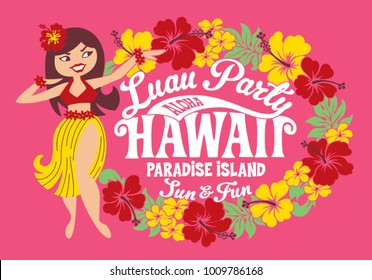 Luau Party Hawaii Paradise Island , Hula Girl Vector Artwork For Children Girl T Shirt 