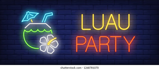 Luau party neon text with coconut cocktail. Summer and vacation design. Night bright neon sign, colorful billboard, light banner. Vector illustration in neon style.