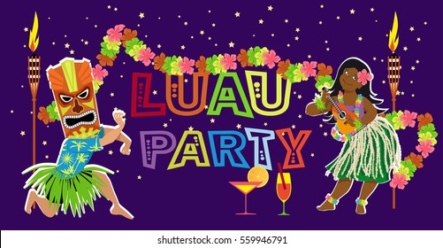 Luau party poster design with performers dancing and playing ukulele, EPS 8 vector illustration 