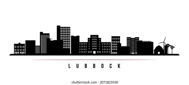 Skyline-Horizontalbanner von Lubbock. Schwarz-Weiß-Silhouette von Lubbock, Texas. Vektorvorlage für Ihr Design. 