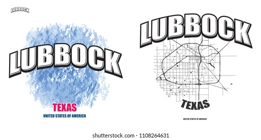 Lubbock, Texas, logo design. Two in one vector arts. Big logo with vintage letters with nice colored background and one-color-version with map for every possible print production.