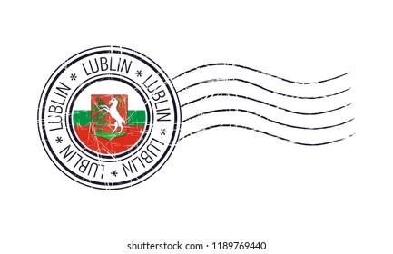 Lublin city grunge postal rubber stamp and flag on white background