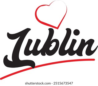 Lublin city text design with red heart typographic icon design suitable for touristic promotion