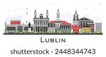 Lublin Poland city skyline with color buildings isolated on white. Vector illustration. Lublin cityscape with landmarks. Business travel and tourism concept with modern and historic architecture.