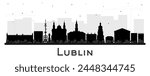 Lublin Poland city skyline silhouette with black buildings isolated on white. Vector illustration. Lublin cityscape with landmarks. Business and tourism concept with modern and historic architecture.