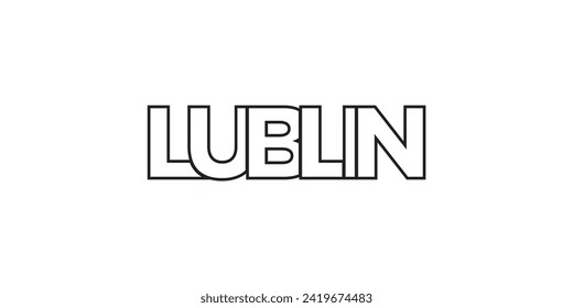 Lublin en el emblema polaco para la prensa y la web. El diseño presenta estilo geométrico, ilustración vectorial con tipografía audaz en fuente moderna. Letras gráficas de eslóganes aisladas en fondo blanco.