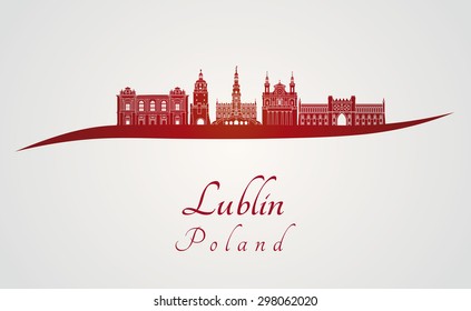 Lublin, Poland skyline in red and gray background in editable vector file