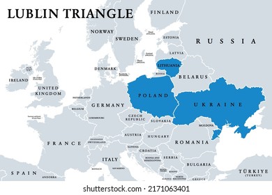 Lublin Triangle, political map. Alliance of the three European countries Lithuania, Poland and Ukraine for strengthening mutual cooperation and supporting the Ukraine.