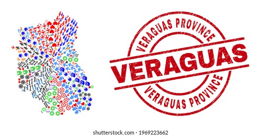 Lublin Voivodeship map collage and unclean Veraguas Province red circle badge. Veraguas Province stamp uses vector lines and arcs. Lublin Voivodeship map collage includes gears, homes, screwdrivers,