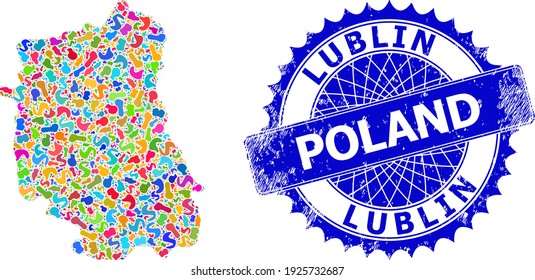 Lublin Voivodeship map vector image. Blot mosaic map and grunge badge for Lublin Voivodeship. Sharp rosette blue badge with caption for Lublin Voivodeship map.