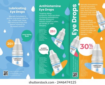 Lubricating eye drops ophthalmology health care sale flyer design template set vector illustration. Vision eyesight protection treatment optical correction medical pharmacy discount special offer