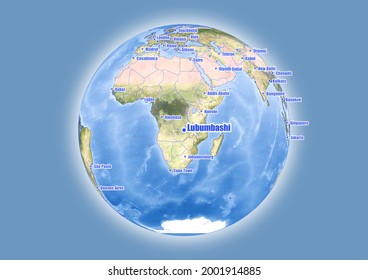 Lubumbashi-Congo (Kinshasa) is shown on vector globe map. The map shows Lubumbashi-Congo (Kinshasa) 's location in the world.