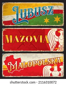 Lubusz, Mazovia, Malopolska polish voivodeship plates and stickers. Vector vintage travel banners with Poland touristic landmarks, territory map, flag, heraldic eagles, stars and swords aged signs