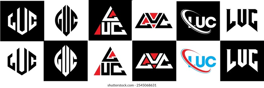 LUC letter logo design in six style. LUC polygon, circle, triangle, hexagon, flat and simple style with black and white color variation letter logo set in one artboard. LUC minimalist and classic logo
