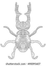 Lucanus cervus Coloring pet adult vector illustration. Anti-stress coloring for adults. Zentangle style. Black and white insect