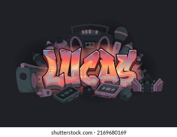 Lucas. Un diseño de arte de Graffiti frío con vibrantes vibraciones de arte urbano.....Cada objeto se agrupa para que pueda reorganizar su diseño con facilidad. Perfecto para su próximo proyecto.