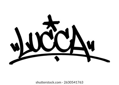 Lucca graffiti tag in bold black lettering on white background. Clean urban style, perfect for vibrant Italian city culture, historic charm, and creative street art projects.