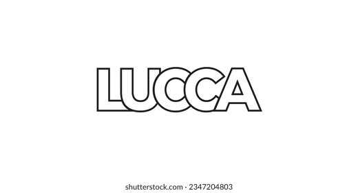 Lucca in the Italia emblem for print and web. Design features geometric style, vector illustration with bold typography in modern font. Graphic slogan lettering isolated on white background.