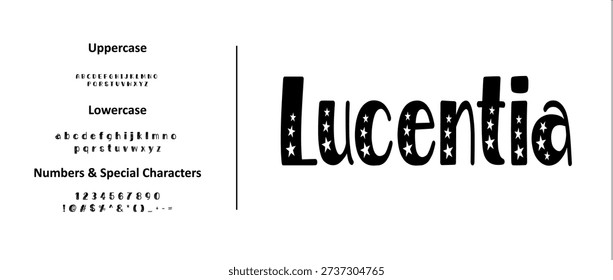 Lucentia Magic Star Font Vector – Whimsical Celestial Alphabet for Kids andDreamy Branding

Illuminate your creative projects with the Lucentia vector font, a charming display typeface featuring bold letterforms decorated with twinkling star patterns. This magical alphabet vector is ideal for children’s book covers, nursery wall art, celestial-themed birthday invitations, and playful brand identities. The set includes a full uppercase and lowercase alphabet, starry numerical characters, and essential symbols. Whether you are designing for a fantasy-themed event or a creative 