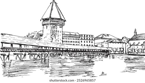 lucerne or Luzern swiss landmark Germany drawing black and white sketch culture cityscape travel illustration outdoor iconic