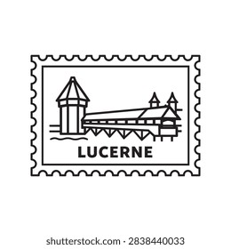 Lucerne postage stamp featuring a covered wooden bridge with stone tower and roofed walkway in a detailed black and white Swiss city icon
