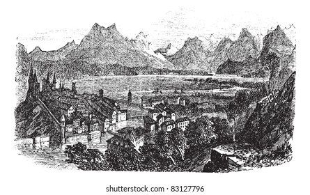 Luzern in der Schweiz, in den 1890er Jahren, Vintage-Gravur. Alte gravierte Illustration von Luzern mit dem Fluss Reuss.