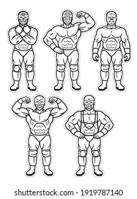 Lucha Libre Characters. Mexican Wrestler Fighters in Mask. Vector Coloring Page.