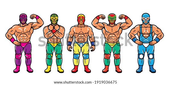 Lucha Libre Characters. Mexican Wrestler\
Fighters in Mask. Vector\
Illustration.