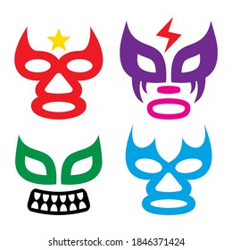 Lucha Libre Gesichter Vektordesign, Luchador oder Luchadora Grafiken - Mexikanische Ringkämpfe traditionelle männliche und weibliche Farbmasken Set. Kollektion von Vektorsportsymbolen - Kampfmasken in Mexiko beliebt