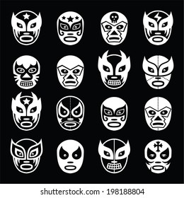 Lucha libre, luchador Mexican wrestling white masks icons on black 