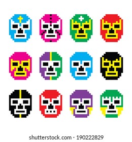 Lucha Libre, luchador pixelated Mexican wrestling masks icons 