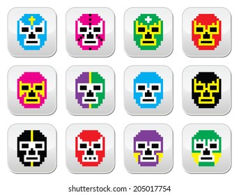 Lucha Libre, luchador pixelated Mexican wrestling masks buttons