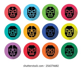 Lucha Libre, luchador pixelated Mexican wrestling masks black icons 