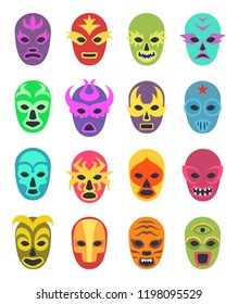 Lucha libre mask. Martial wrestler fighter clothes sport uniform colored masks vector colored icon. Illustration of mask wrestling, latino mexican costume luchador