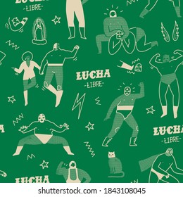 Lucha libre mexican traditional wrestling fights show seamless pattern in vector.