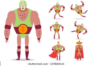 Lucha libre mexican wrestler in mask vector cartoon character set isolated on white background.