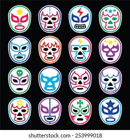 Lucha Libre Mexican wrestling masks icons on black