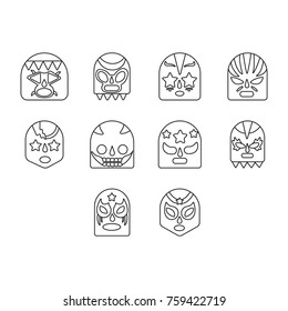 Lucha libre, mexican wrestling masks icons set outline