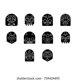  Lucha libre, mexican wrestling masks icons set flat black