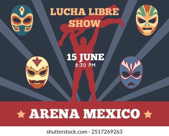 Cartaz da Lucha Libre. Convite de show de luta mexicana, luta de batalha vintage, lutador mantém oponente sobre cabeça, máscaras de cor, convite banner, desenho animado estilo isolado vetor conceito