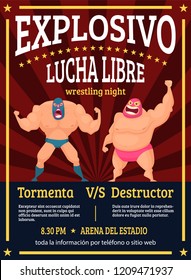 Lucha libre poster. Retro placard announced fighting match of mexican wrestlers luchador vector muscle characters. Illustration of placard announced fighting luchador event