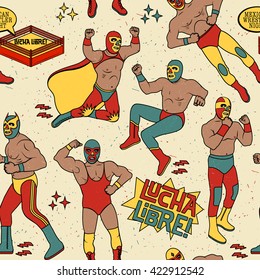 Lucha Libre Seamless Pattern. Lucha Libre Luchadores Heroes. Mexican Wrestler Night.