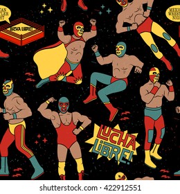 Lucha Libre Seamless Pattern. Lucha Libre Luchadores Heroes. Mexican Wrestler Night.