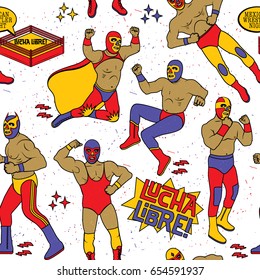 Lucha Libre Seamless Pattern. Luchadores Heroes. Mexican Wrestler Night.