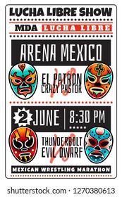 Lucha libre show luchador colorful mexican wrestling masks icons poster in traditional old school tattoo style on a white background