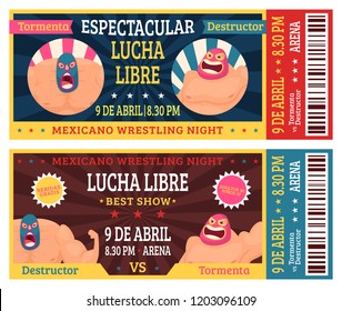 Lucha libre ticket. Mexican wrestlers in masks luchador martial fighting announcement vector design template. Illustration of ticket event to competition mexican sport