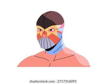 Luchador de lucha libre en retrato de máscara. Profesional luchador de lucha libre de mexicano no hay reglas espectáculo de lucha. Avatar de luchador en traje colorido. Ilustración vectorial aislada plana sobre fondo blanco