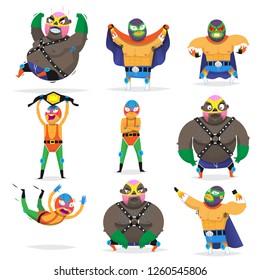 Lucha libre wrestling fighters in different poses. Isolated vector cartoon illustrations.